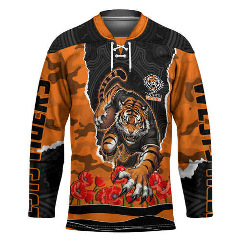 Personalized Wests Tigers ANZAC Tribute Hockey Jersey Poppy Field Soldier Silhouette Aboriginal Rugby Mascot