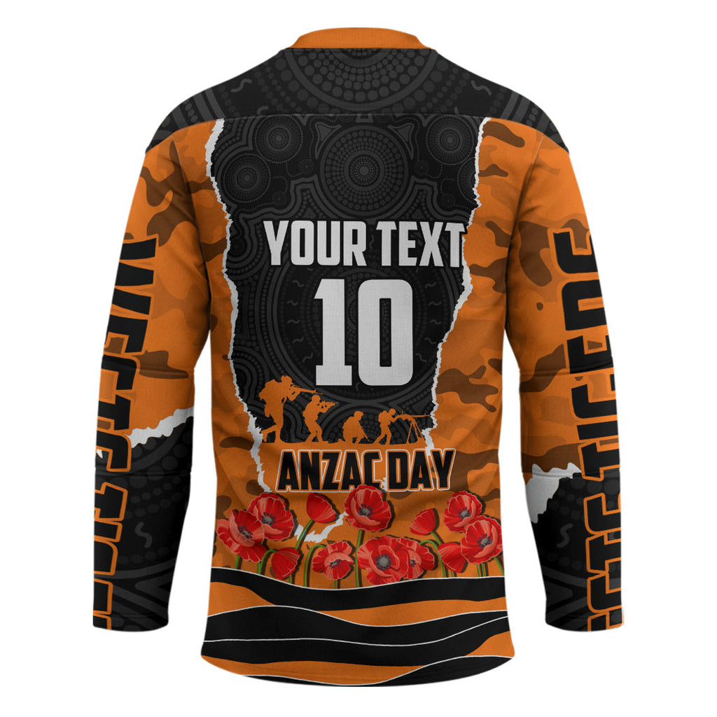 Personalized Wests Tigers ANZAC Tribute Hockey Jersey Poppy Field Soldier Silhouette Aboriginal Rugby Mascot