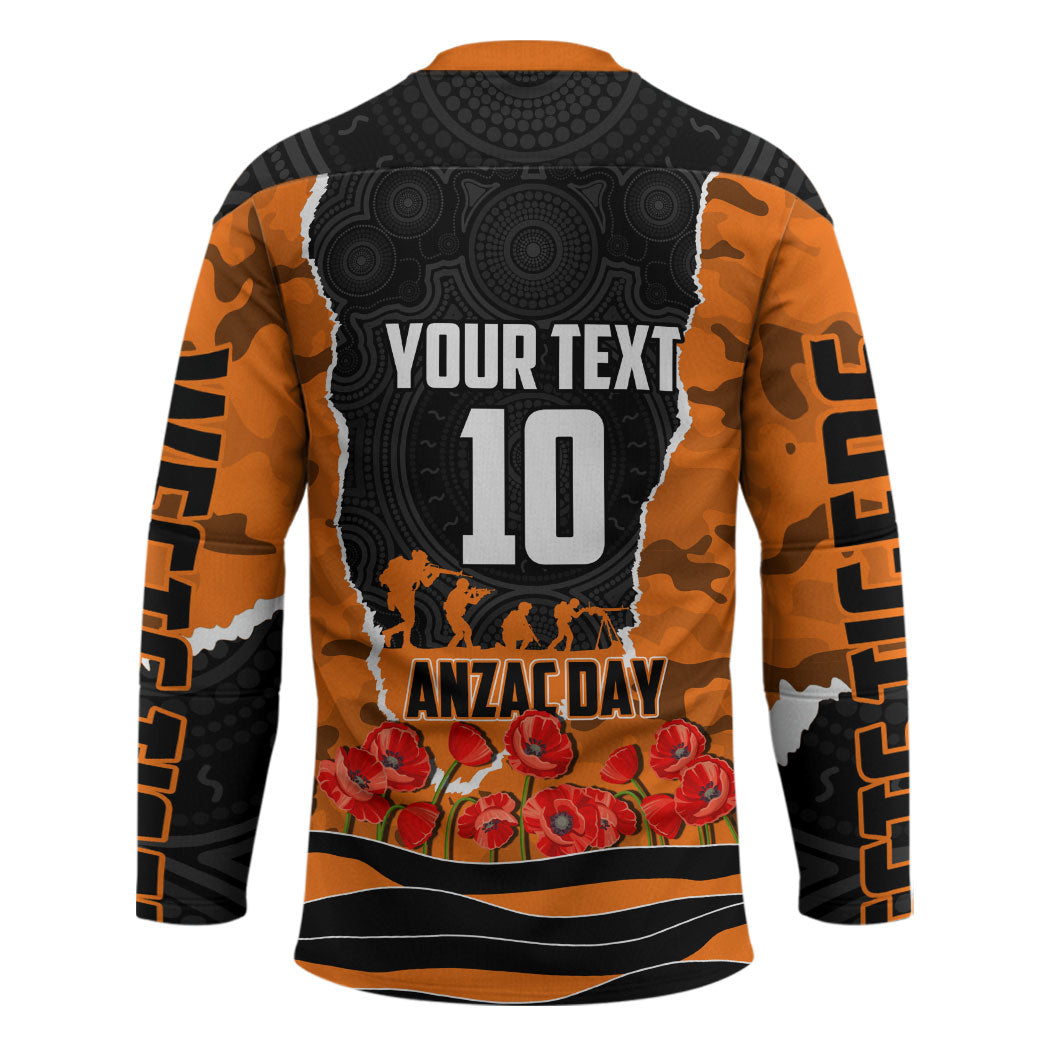 Personalized Wests Tigers ANZAC Tribute Hockey Jersey Poppy Field Soldier Silhouette Aboriginal Rugby Mascot