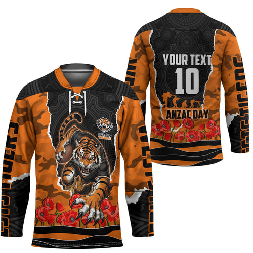 Personalized Wests Tigers ANZAC Tribute Hockey Jersey Poppy Field Soldier Silhouette Aboriginal Rugby Mascot