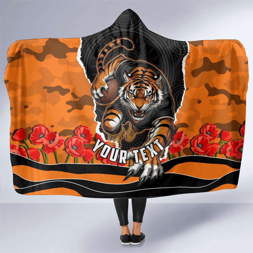 Personalized Wests Tigers ANZAC Tribute Hooded Blanket Poppy Field Soldier Silhouette Aboriginal Rugby Mascot