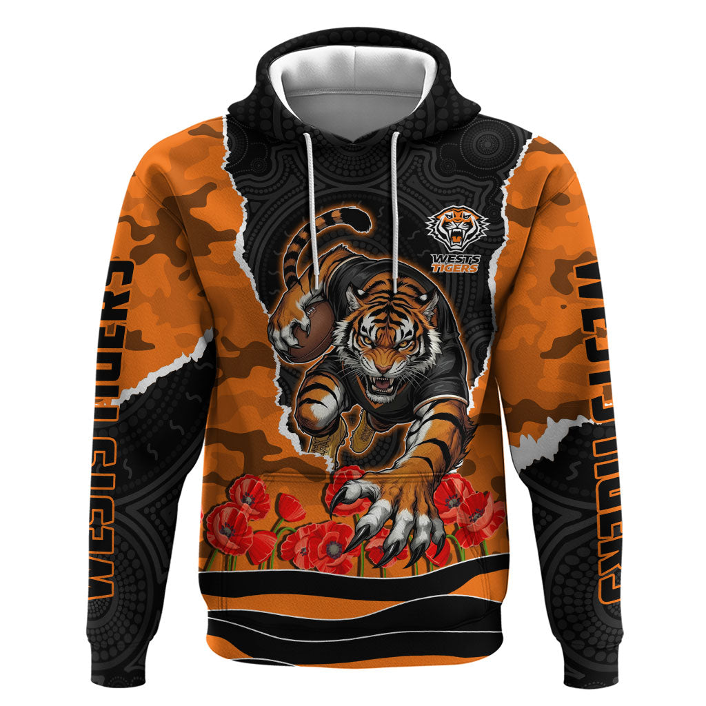 Personalized Wests Tigers ANZAC Tribute Hoodie Poppy Field Soldier Silhouette Aboriginal Rugby Mascot