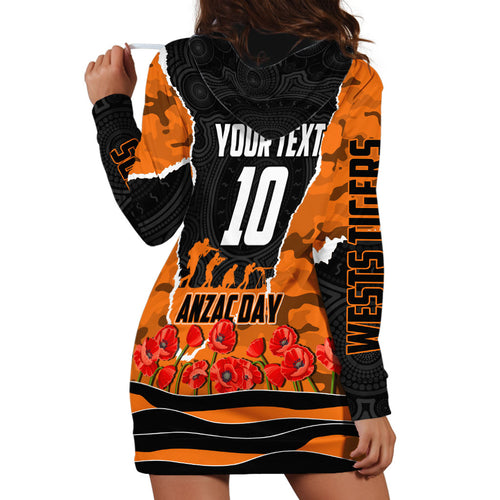 Personalized Wests Tigers ANZAC Tribute Hoodie Dress Poppy Field Soldier Silhouette Aboriginal Rugby Mascot