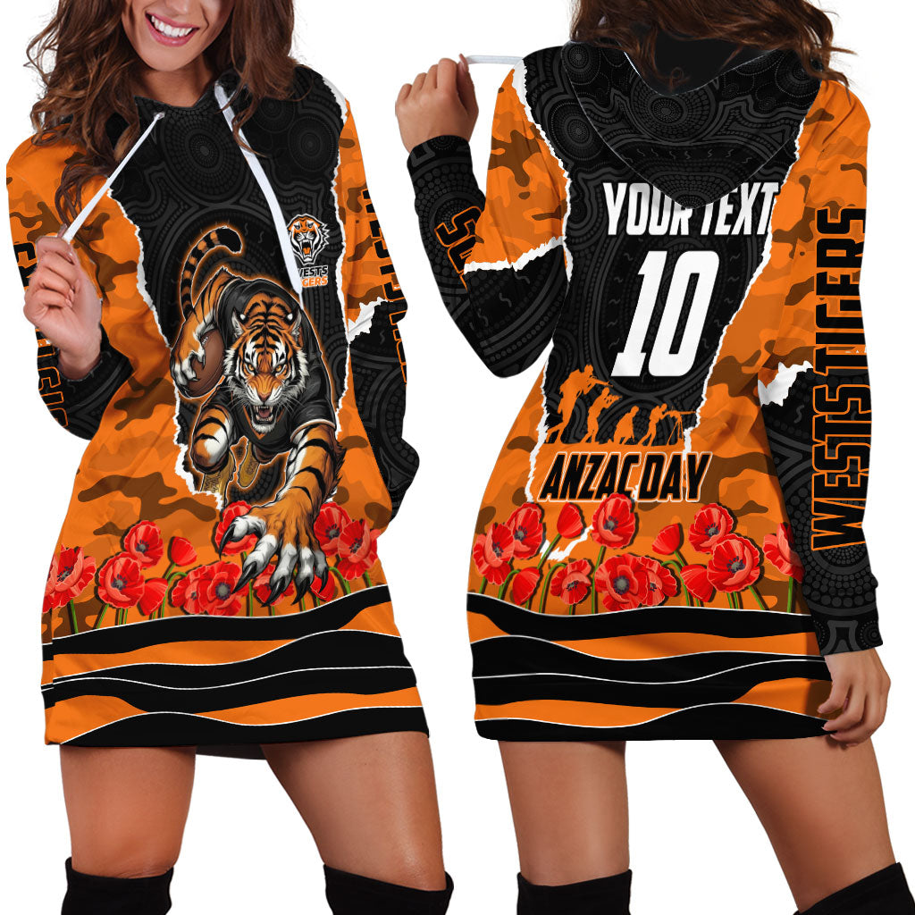 Personalized Wests Tigers ANZAC Tribute Hoodie Dress Poppy Field Soldier Silhouette Aboriginal Rugby Mascot