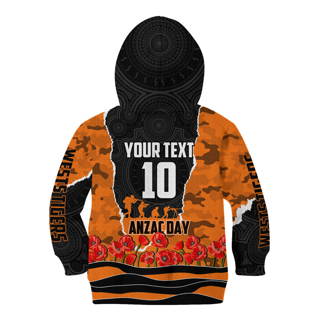 Personalized Wests Tigers ANZAC Tribute Kid Hoodie Poppy Field Soldier Silhouette Aboriginal Rugby Mascot