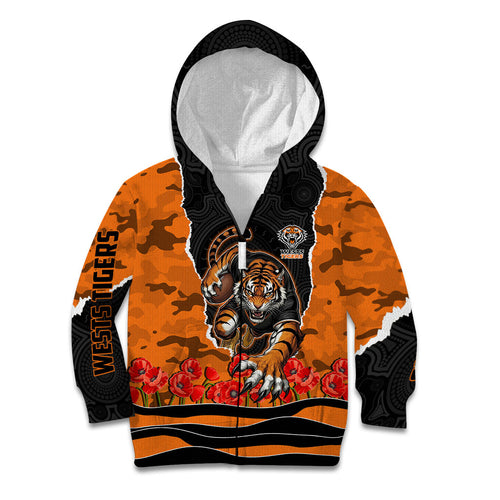 Personalized Wests Tigers ANZAC Tribute Kid Hoodie Poppy Field Soldier Silhouette Aboriginal Rugby Mascot