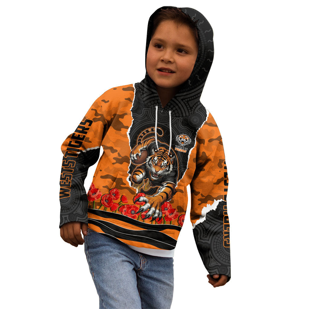 Personalized Wests Tigers ANZAC Tribute Kid Hoodie Poppy Field Soldier Silhouette Aboriginal Rugby Mascot