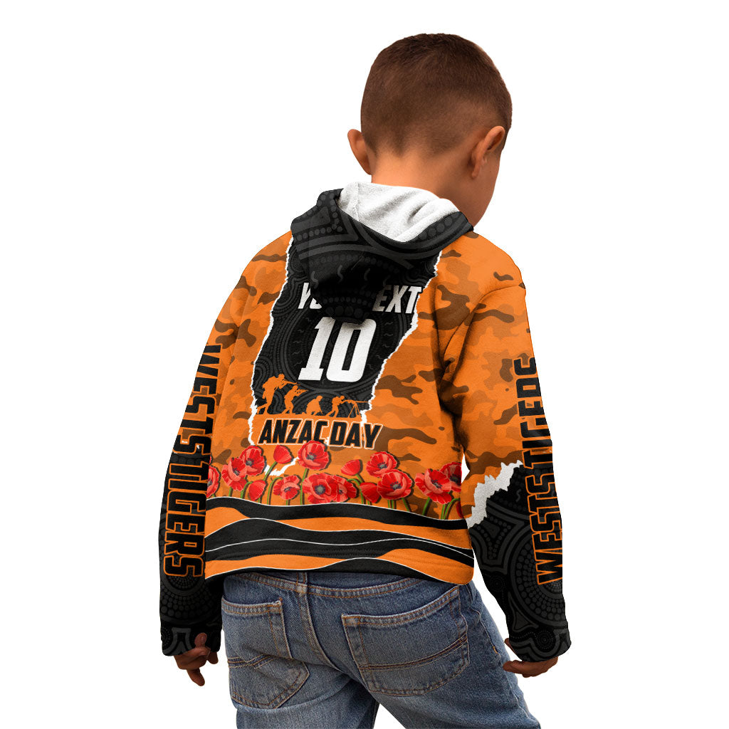 Personalized Wests Tigers ANZAC Tribute Kid Hoodie Poppy Field Soldier Silhouette Aboriginal Rugby Mascot
