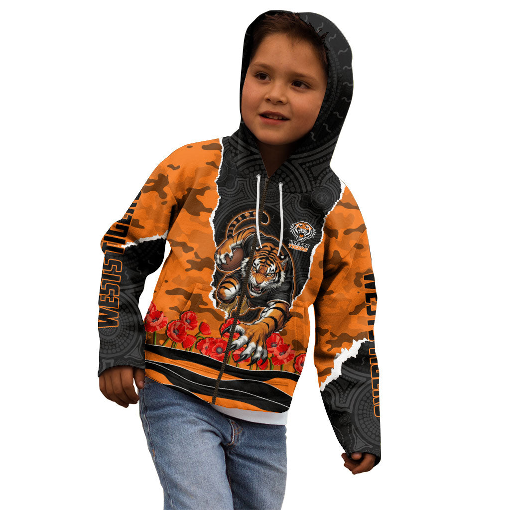 Personalized Wests Tigers ANZAC Tribute Kid Hoodie Poppy Field Soldier Silhouette Aboriginal Rugby Mascot