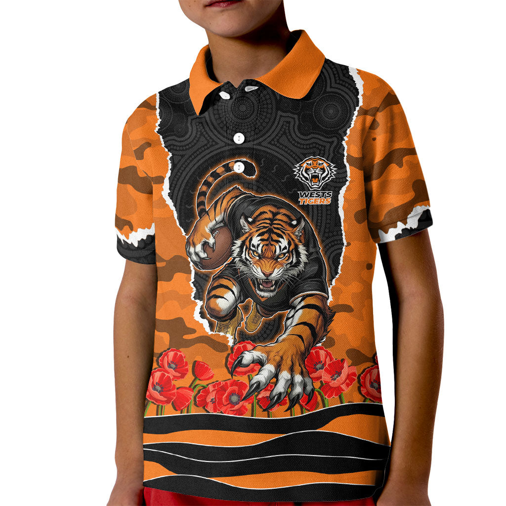 Personalized Wests Tigers ANZAC Tribute Kid Polo Shirt Poppy Field Soldier Silhouette Aboriginal Rugby Mascot