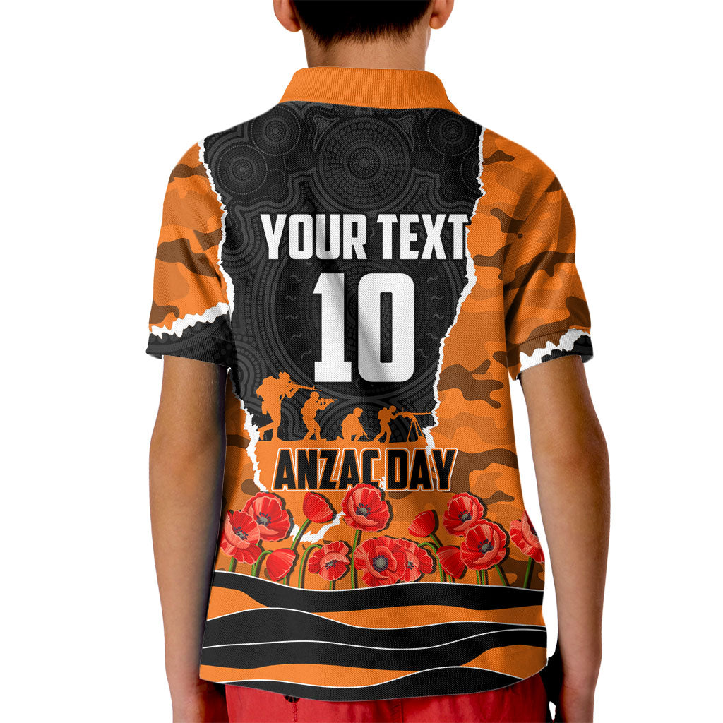 Personalized Wests Tigers ANZAC Tribute Kid Polo Shirt Poppy Field Soldier Silhouette Aboriginal Rugby Mascot