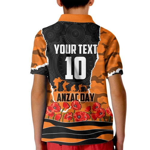 Personalized Wests Tigers ANZAC Tribute Kid Polo Shirt Poppy Field Soldier Silhouette Aboriginal Rugby Mascot
