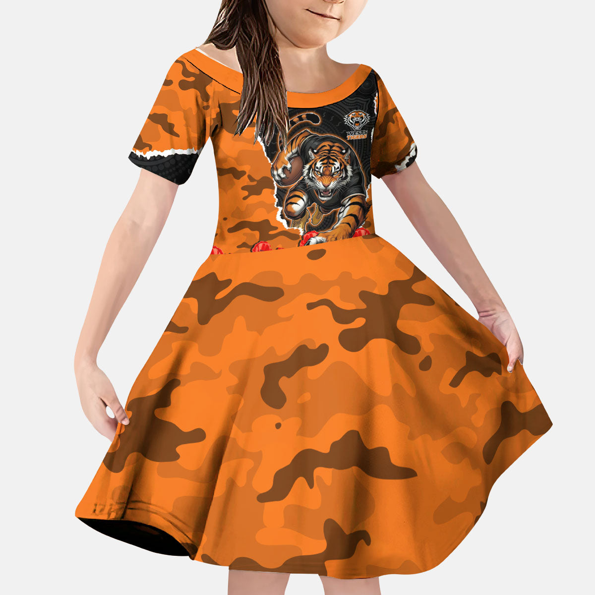 Personalized Wests Tigers ANZAC Tribute Kid Short Sleeve Dress Poppy Field Soldier Silhouette Aboriginal Rugby Mascot