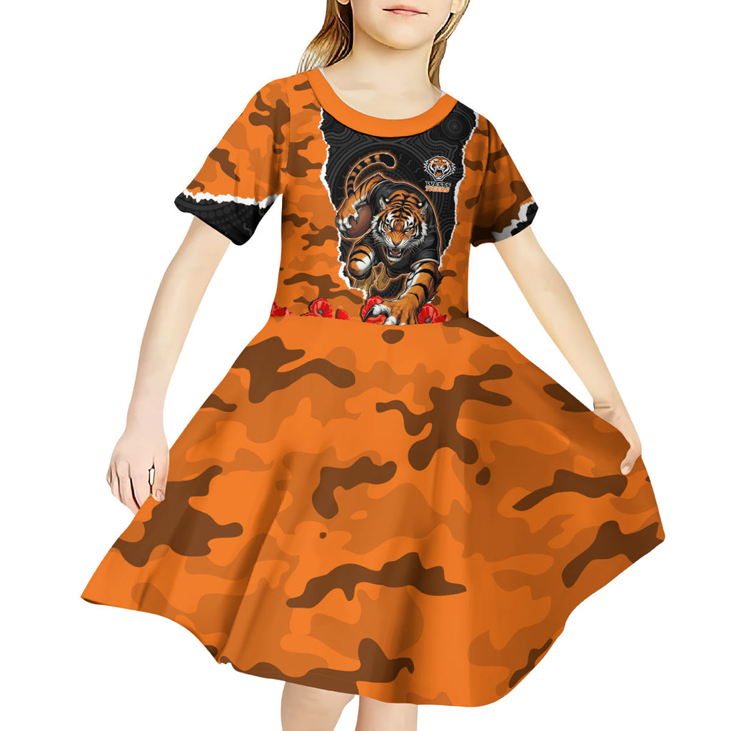 Personalized Wests Tigers ANZAC Tribute Kid Short Sleeve Dress Poppy Field Soldier Silhouette Aboriginal Rugby Mascot