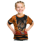 Personalized Wests Tigers ANZAC Tribute Kid T Shirt Poppy Field Soldier Silhouette Aboriginal Rugby Mascot