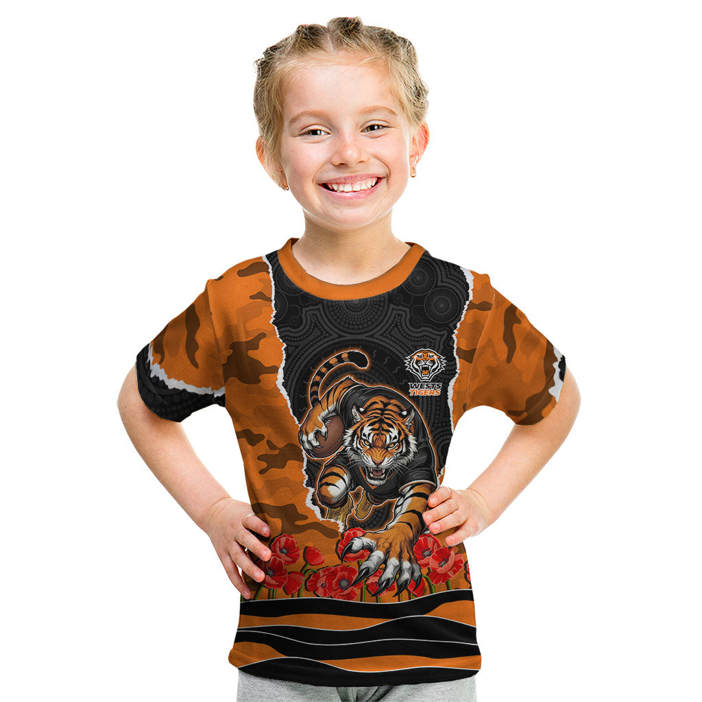 Personalized Wests Tigers ANZAC Tribute Kid T Shirt Poppy Field Soldier Silhouette Aboriginal Rugby Mascot