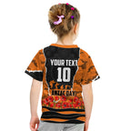Personalized Wests Tigers ANZAC Tribute Kid T Shirt Poppy Field Soldier Silhouette Aboriginal Rugby Mascot
