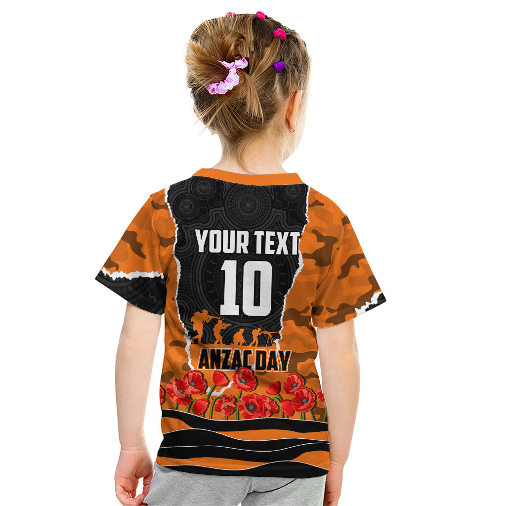 Personalized Wests Tigers ANZAC Tribute Kid T Shirt Poppy Field Soldier Silhouette Aboriginal Rugby Mascot