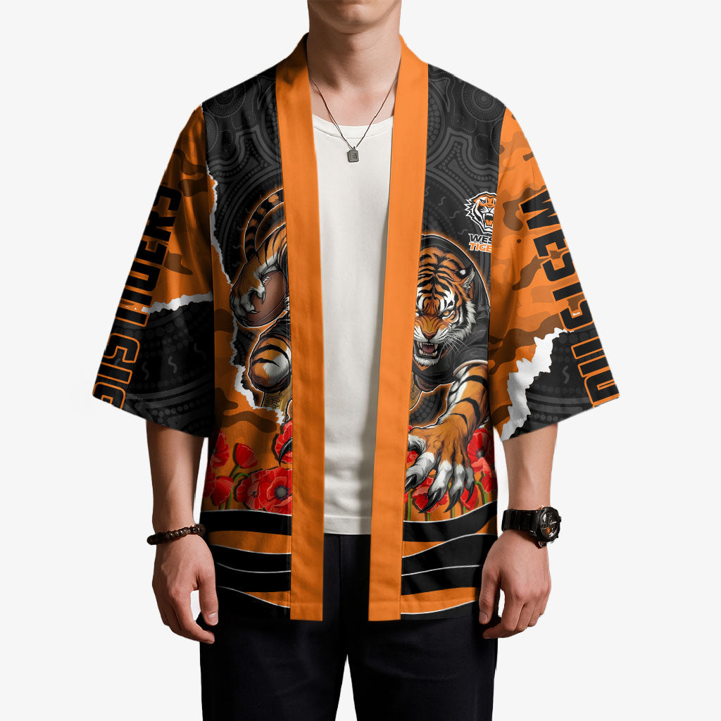 Personalized Wests Tigers ANZAC Tribute Kimono Poppy Field Soldier Silhouette Aboriginal Rugby Mascot
