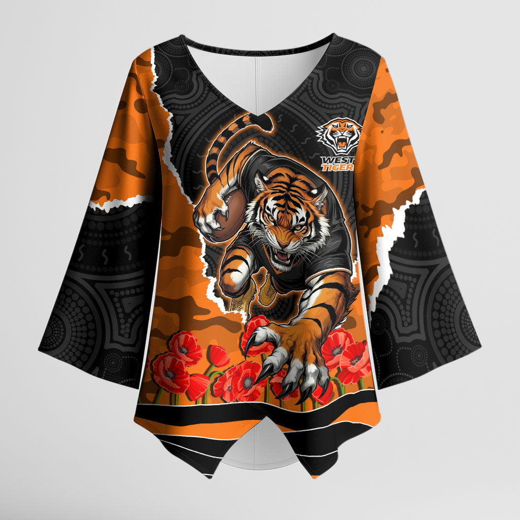 Personalized Wests Tigers ANZAC Tribute Kimono Sleeve Blouse Poppy Field Soldier Silhouette Aboriginal Rugby Mascot