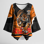 Personalized Wests Tigers ANZAC Tribute Kimono Sleeve Blouse Poppy Field Soldier Silhouette Aboriginal Rugby Mascot