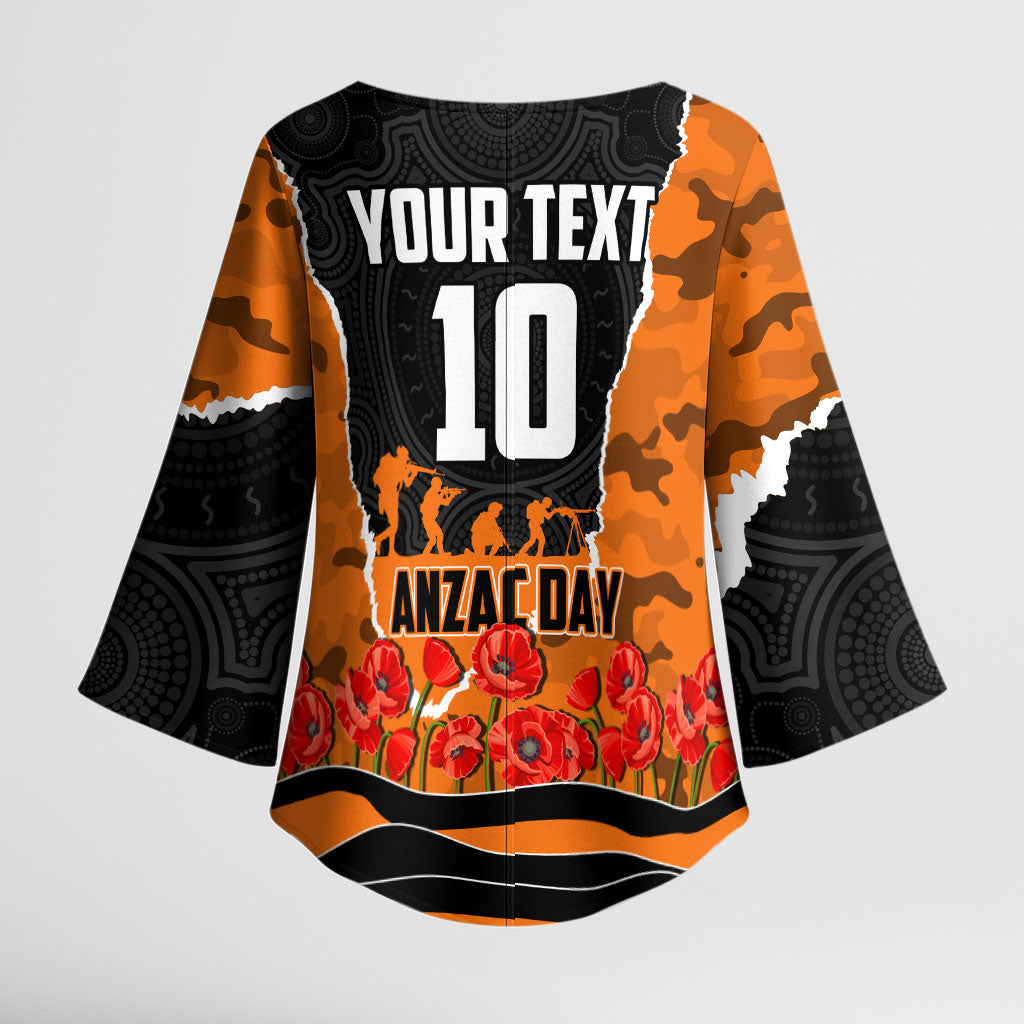 Personalized Wests Tigers ANZAC Tribute Kimono Sleeve Blouse Poppy Field Soldier Silhouette Aboriginal Rugby Mascot