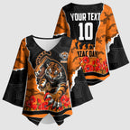 Personalized Wests Tigers ANZAC Tribute Kimono Sleeve Blouse Poppy Field Soldier Silhouette Aboriginal Rugby Mascot