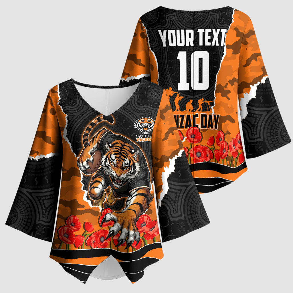 Personalized Wests Tigers ANZAC Tribute Kimono Sleeve Blouse Poppy Field Soldier Silhouette Aboriginal Rugby Mascot