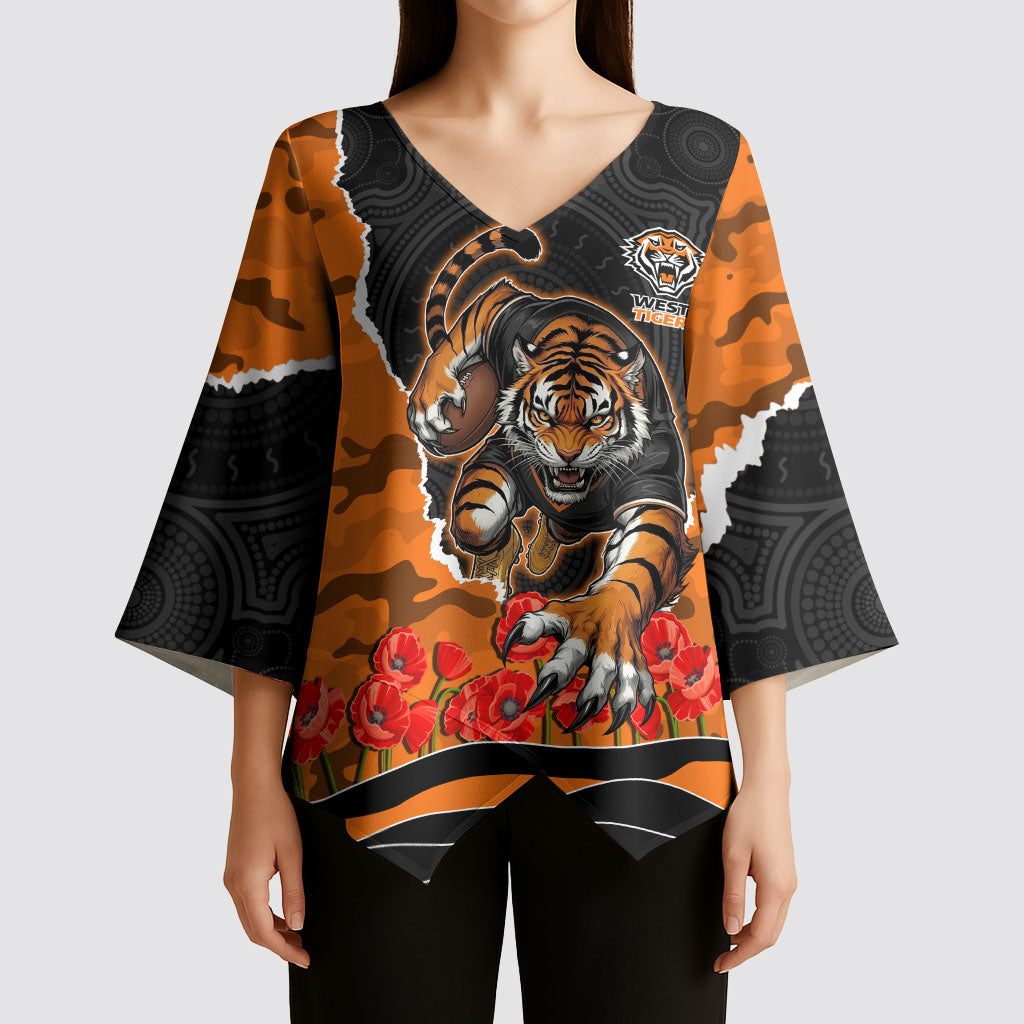 Personalized Wests Tigers ANZAC Tribute Kimono Sleeve Blouse Poppy Field Soldier Silhouette Aboriginal Rugby Mascot