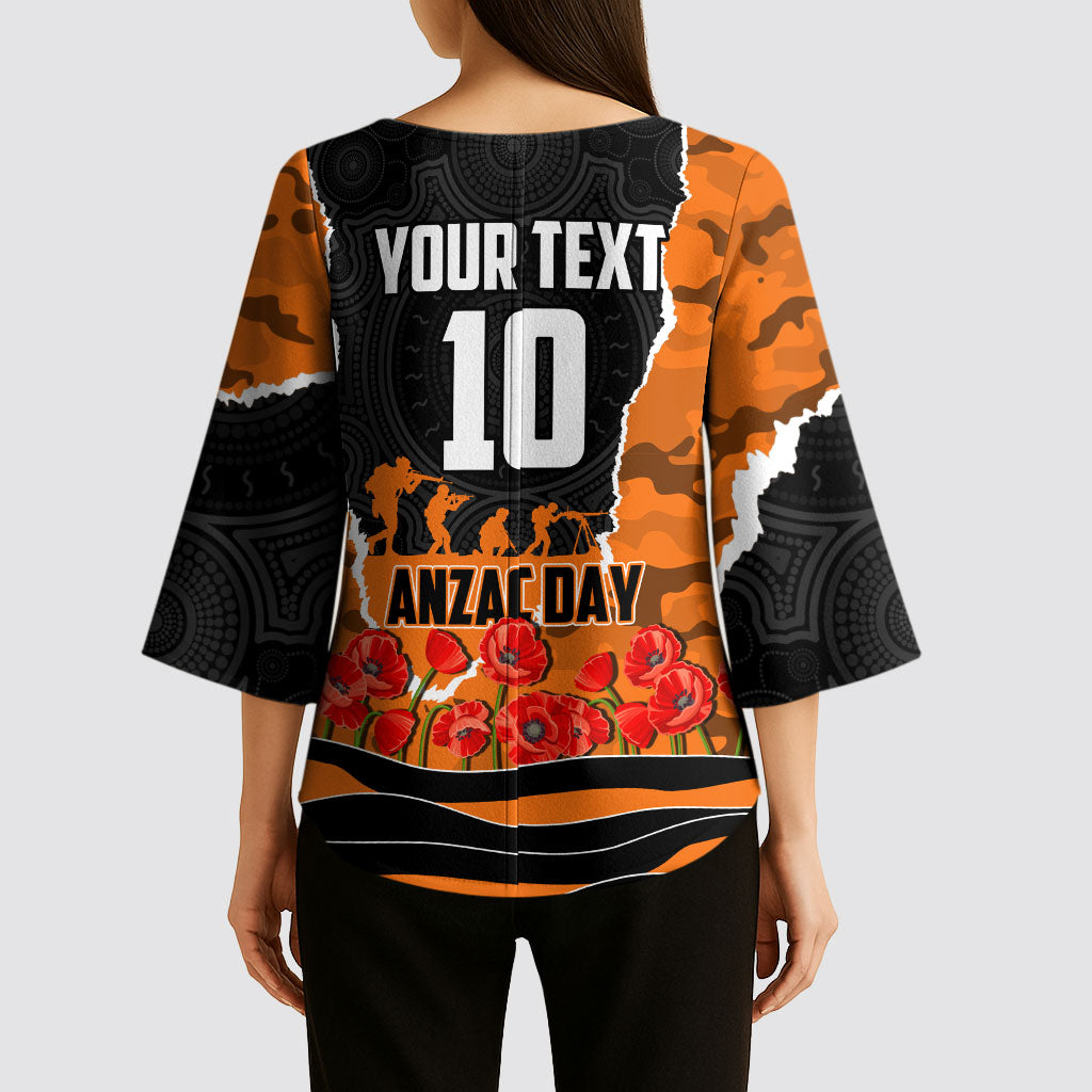 Personalized Wests Tigers ANZAC Tribute Kimono Sleeve Blouse Poppy Field Soldier Silhouette Aboriginal Rugby Mascot