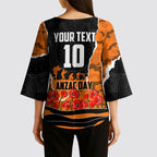 Personalized Wests Tigers ANZAC Tribute Kimono Sleeve Blouse Poppy Field Soldier Silhouette Aboriginal Rugby Mascot
