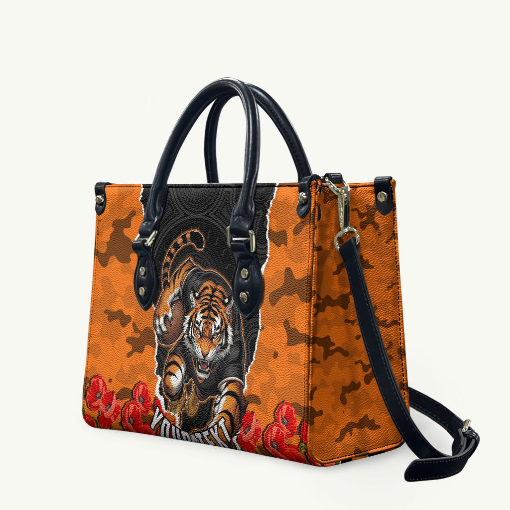 Personalized Wests Tigers ANZAC Tribute Leather Bag Poppy Field Soldier Silhouette Aboriginal Rugby Mascot