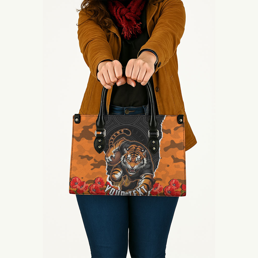 Personalized Wests Tigers ANZAC Tribute Leather Bag Poppy Field Soldier Silhouette Aboriginal Rugby Mascot