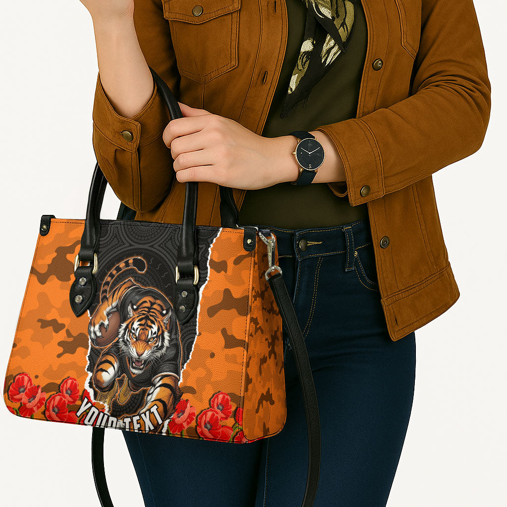 Personalized Wests Tigers ANZAC Tribute Leather Bag Poppy Field Soldier Silhouette Aboriginal Rugby Mascot