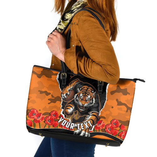 Personalized Wests Tigers ANZAC Tribute Leather Tote Bag Poppy Field Soldier Silhouette Aboriginal Rugby Mascot