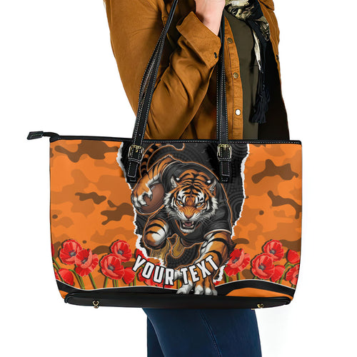 Personalized Wests Tigers ANZAC Tribute Leather Tote Bag Poppy Field Soldier Silhouette Aboriginal Rugby Mascot