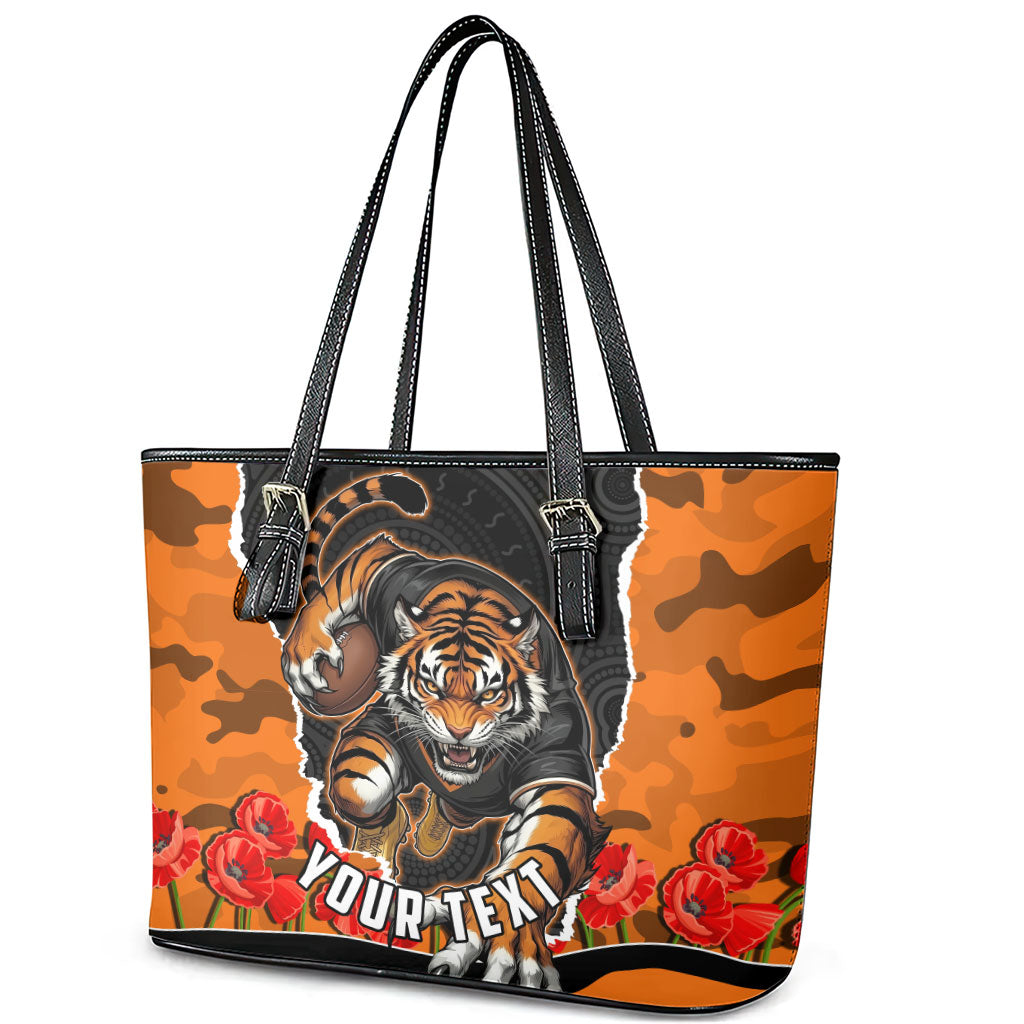 Personalized Wests Tigers ANZAC Tribute Leather Tote Bag Poppy Field Soldier Silhouette Aboriginal Rugby Mascot