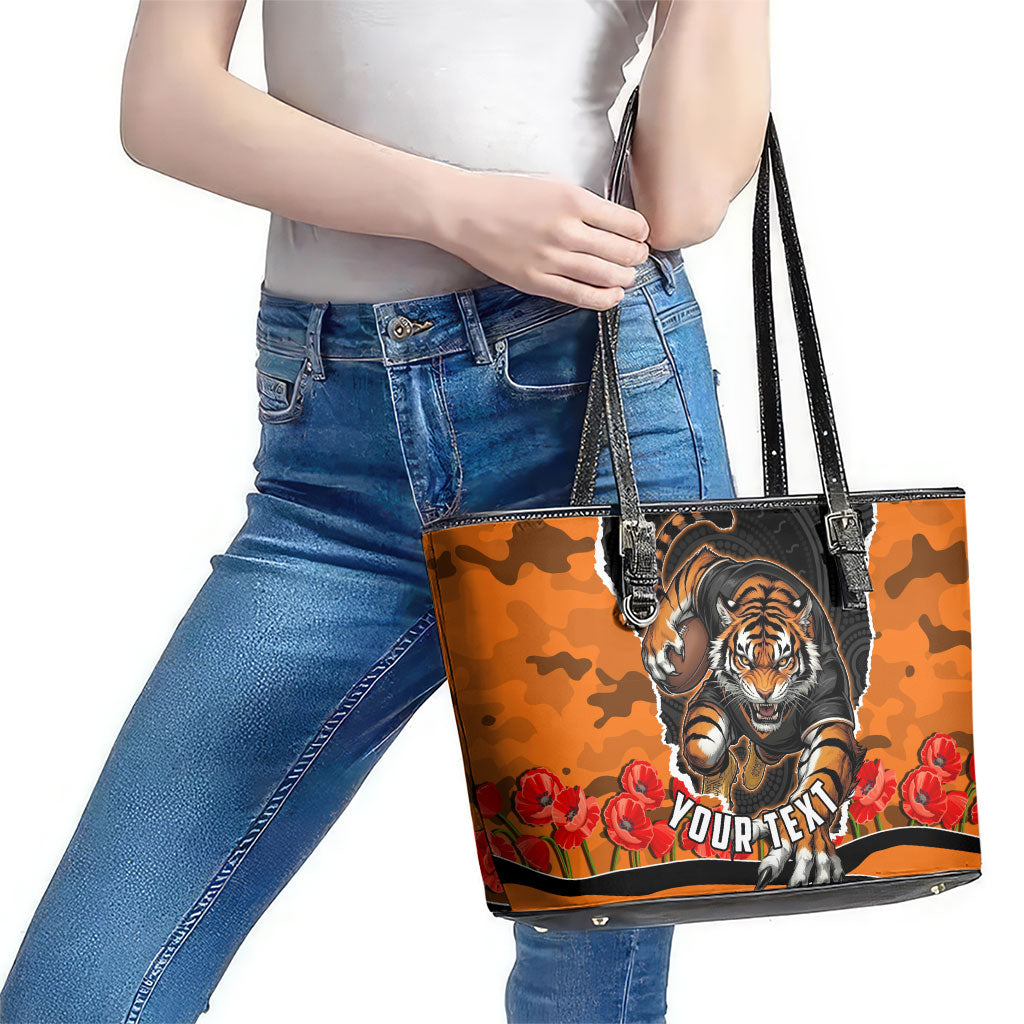 Personalized Wests Tigers ANZAC Tribute Leather Tote Bag Poppy Field Soldier Silhouette Aboriginal Rugby Mascot