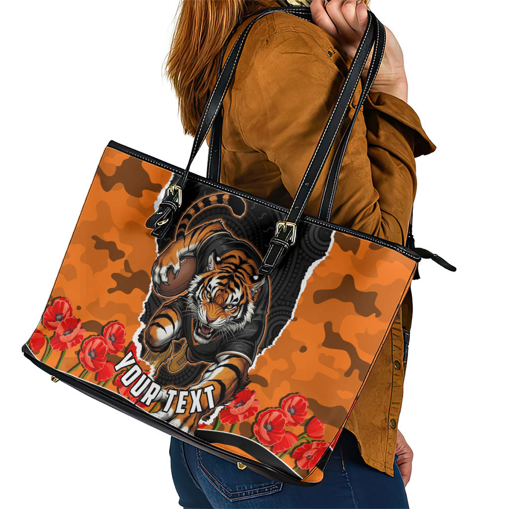 Personalized Wests Tigers ANZAC Tribute Leather Tote Bag Poppy Field Soldier Silhouette Aboriginal Rugby Mascot