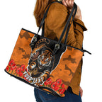 Personalized Wests Tigers ANZAC Tribute Leather Tote Bag Poppy Field Soldier Silhouette Aboriginal Rugby Mascot