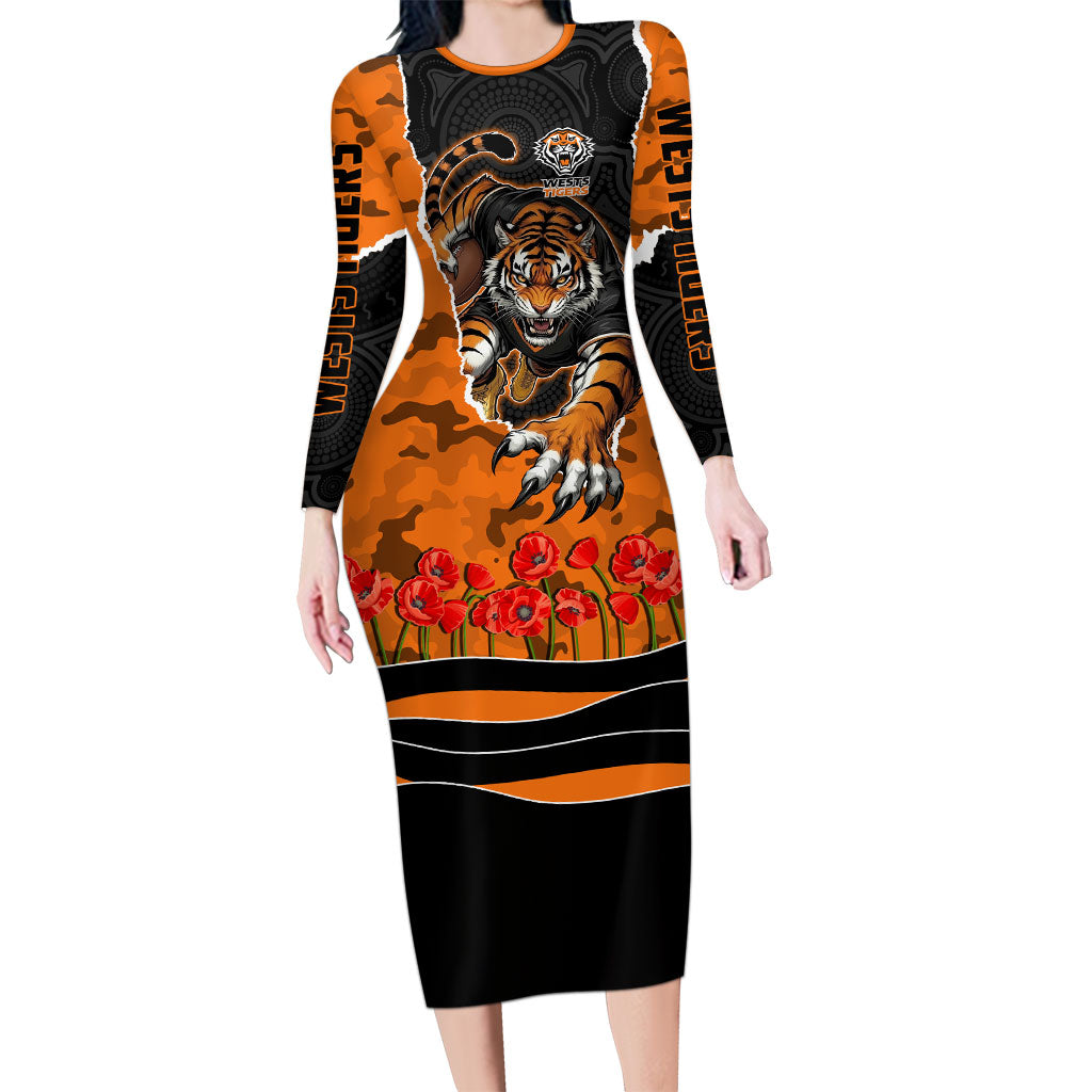 Personalized Wests Tigers ANZAC Tribute Long Sleeve Bodycon Dress Poppy Field Soldier Silhouette Aboriginal Rugby Mascot