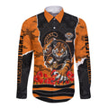 Personalized Wests Tigers ANZAC Tribute Long Sleeve Button Shirt Poppy Field Soldier Silhouette Aboriginal Rugby Mascot