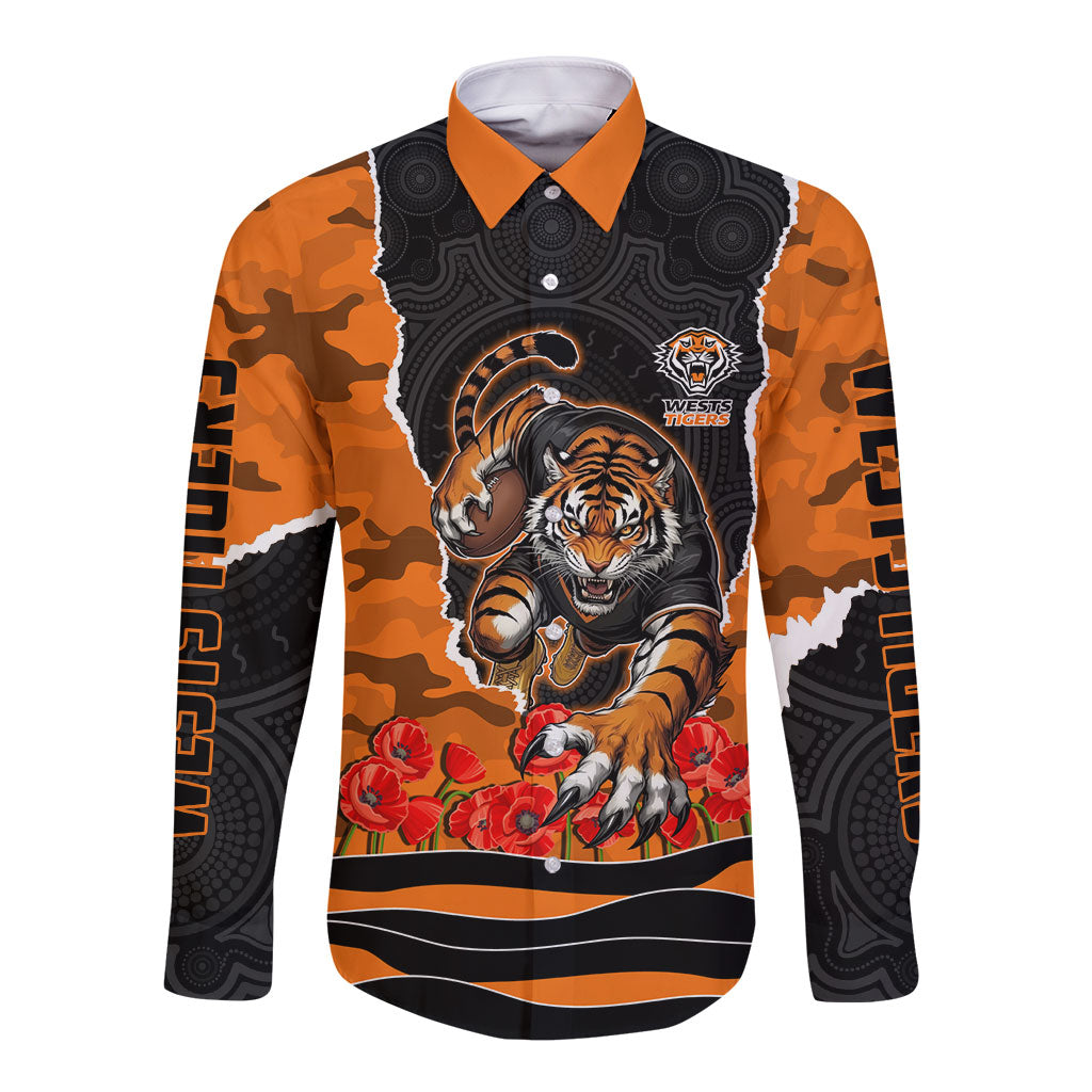 Personalized Wests Tigers ANZAC Tribute Long Sleeve Button Shirt Poppy Field Soldier Silhouette Aboriginal Rugby Mascot