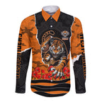 Personalized Wests Tigers ANZAC Tribute Long Sleeve Button Shirt Poppy Field Soldier Silhouette Aboriginal Rugby Mascot