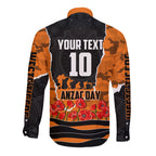 Personalized Wests Tigers ANZAC Tribute Long Sleeve Button Shirt Poppy Field Soldier Silhouette Aboriginal Rugby Mascot