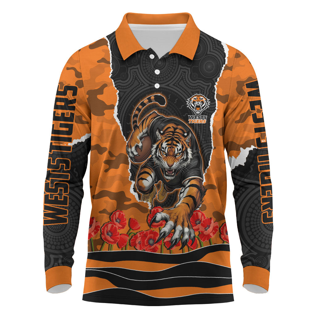 Personalized Wests Tigers ANZAC Tribute Long Sleeve Polo Shirt Poppy Field Soldier Silhouette Aboriginal Rugby Mascot