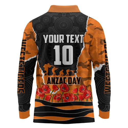 Personalized Wests Tigers ANZAC Tribute Long Sleeve Polo Shirt Poppy Field Soldier Silhouette Aboriginal Rugby Mascot