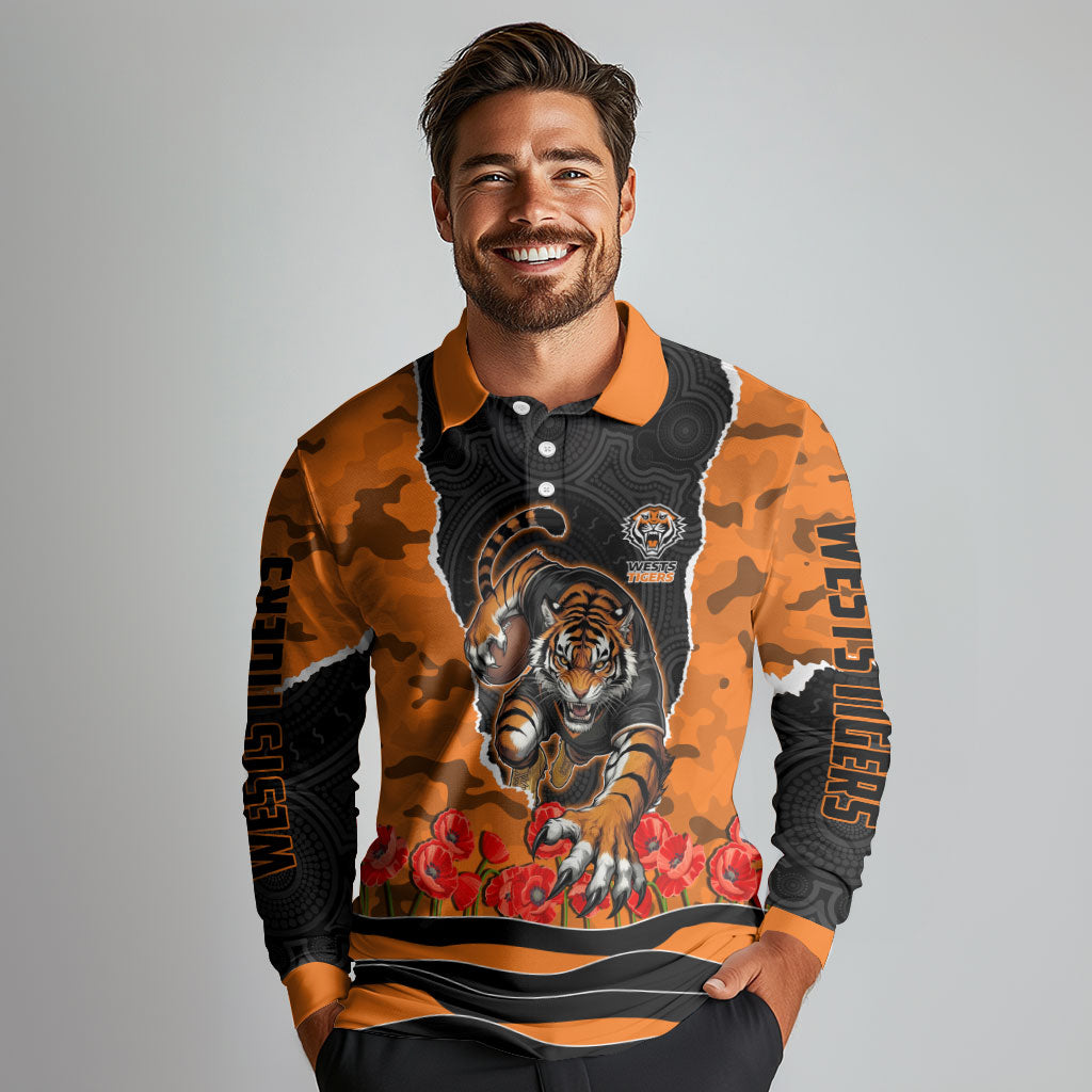 Personalized Wests Tigers ANZAC Tribute Long Sleeve Polo Shirt Poppy Field Soldier Silhouette Aboriginal Rugby Mascot