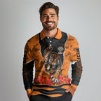 Personalized Wests Tigers ANZAC Tribute Long Sleeve Polo Shirt Poppy Field Soldier Silhouette Aboriginal Rugby Mascot