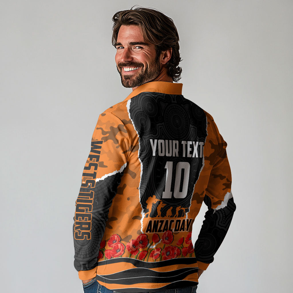 Personalized Wests Tigers ANZAC Tribute Long Sleeve Polo Shirt Poppy Field Soldier Silhouette Aboriginal Rugby Mascot